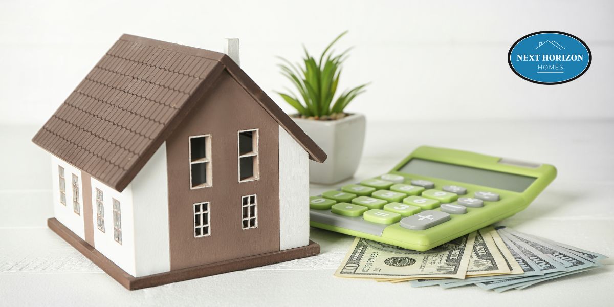 Model house with cash, green calculator, and small potted plant on a white table, symbolizing home remodeling financing