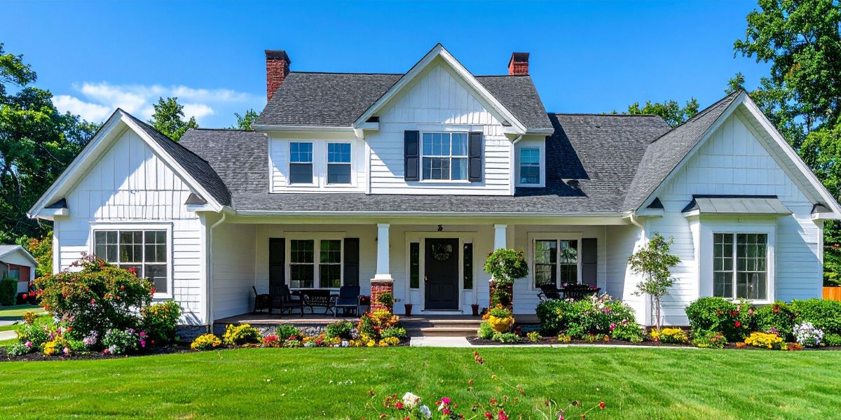 Modern farmhouse with white siding, black shutters, gabled roof, and a spacious front porch
