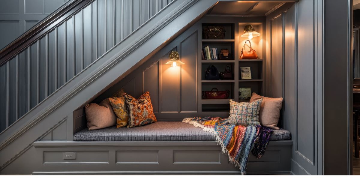 Cozy under-stair nook with built-in shelves and seating, showing a creative tiny house storage idea.